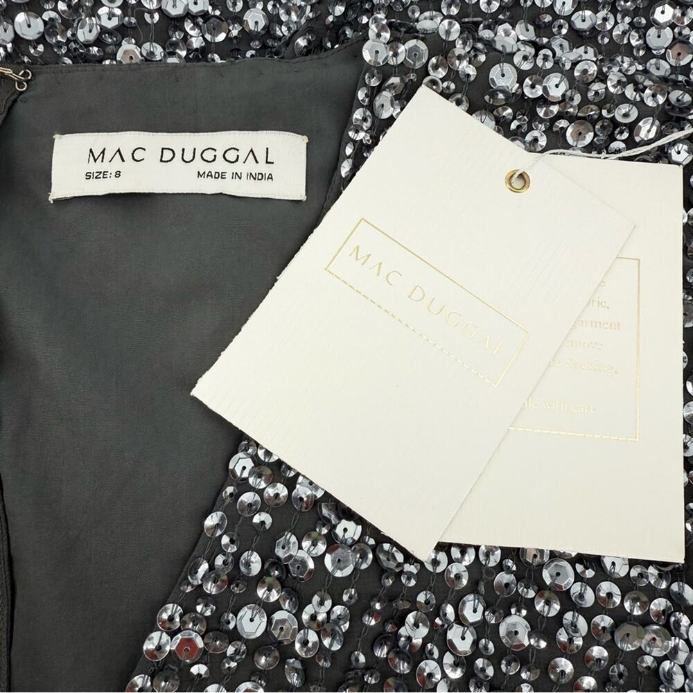 Mac Duggal Platinum Silver Sequin Cap Sleeve V-Neck Midi Dress 10766 NWT Size 8 - Picture 8 of 10